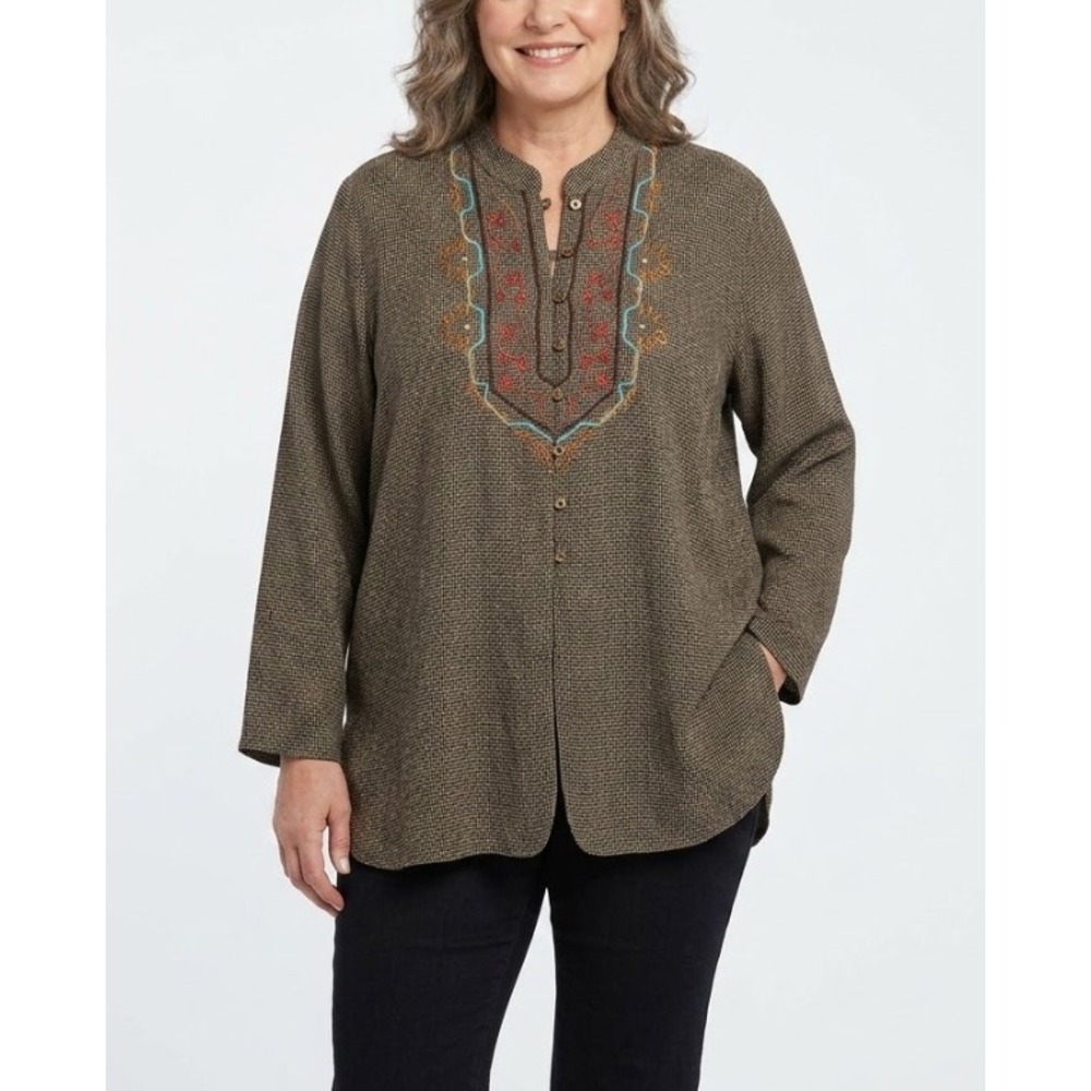Vintage Carole Litttle size 16 Black Tan Micro Plaid Embroidered Button Up Tunic